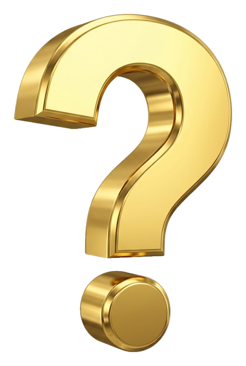 Shiny 3D render, gold metallic finish of a bold question mark symbol, transparent background PNG