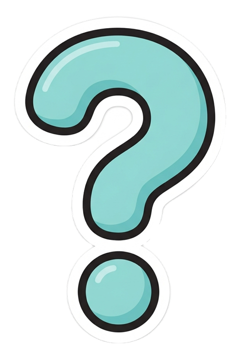 Cute sticker style with a thick dark outline of a bold question mark symbol, transparent background PNG