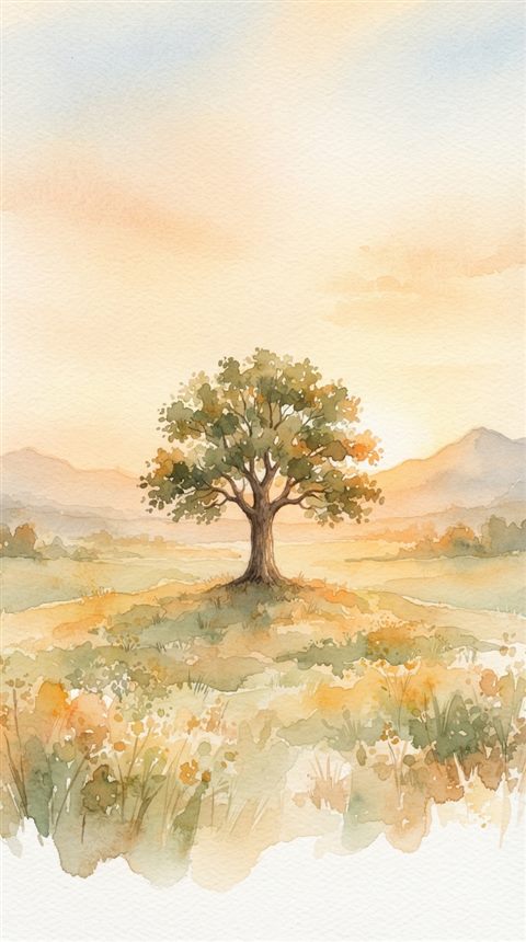 글자를 넣을 여백이 많은 차분한 미니멀 풍경, 수채화 일러스트, 단순하고 깔끔한 구도 가운데 놓인 피사체, 따뜻한 황금빛, 차분한 분위기, 9:16 비율