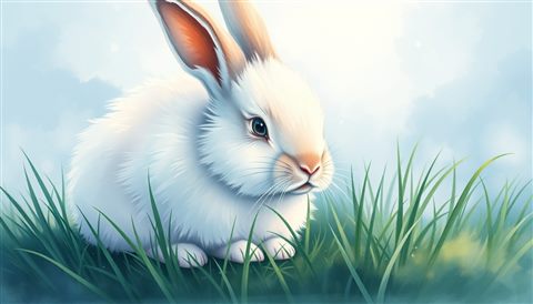 Watercolor illustration of A fluffy white rabbit sitting softly on a patch of fresh green grass., close-up detail with shallow depth of field, cool blue tones, quiet atmosphere, 16:9 aspect ratio