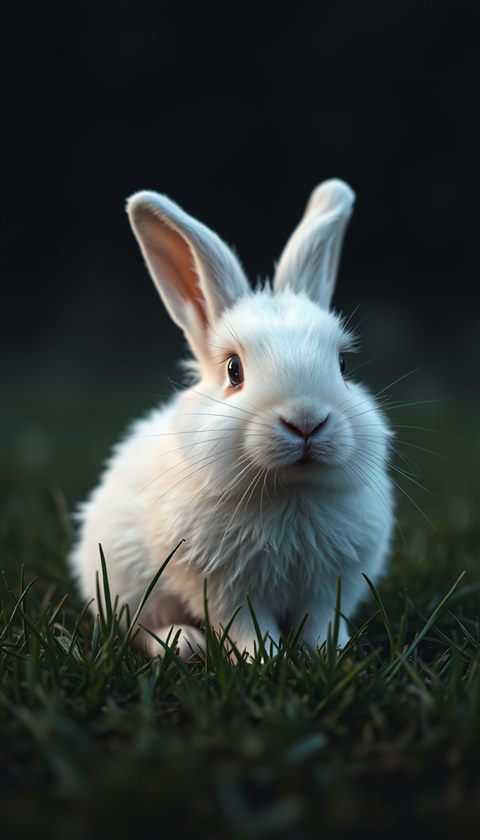 Photorealistic photo of A fluffy white rabbit sitting softly on a patch of fresh green grass., close-up detail with shallow depth of field, moody dark tones, dramatic lighting, 9:16 aspect ratio