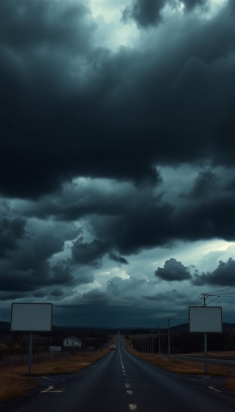 Photorealistic photo of Dark, heavy storm clouds gathering dramatically over a moody landscape, wide shot with open space at the top for text, moody dark tones, dramatic lighting, 9:16 aspect ratio