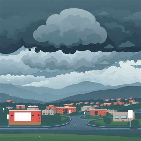 Minimal flat illustration of Dark, heavy storm clouds gathering dramatically over a moody landscape, high-angle view from above, soft pastel colors, bright and cozy, 1:1 aspect ratio