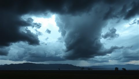 Soft 3D render of Dark, heavy storm clouds gathering dramatically over a moody landscape, close-up detail with shallow depth of field, misty morning haze, dreamy, 16:9 aspect ratio