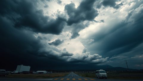Cinematic film still of Dark, heavy storm clouds gathering dramatically over a moody landscape, wide shot with open space at the top for text, vivid colors, high contrast, energetic, 16:9 aspect ratio