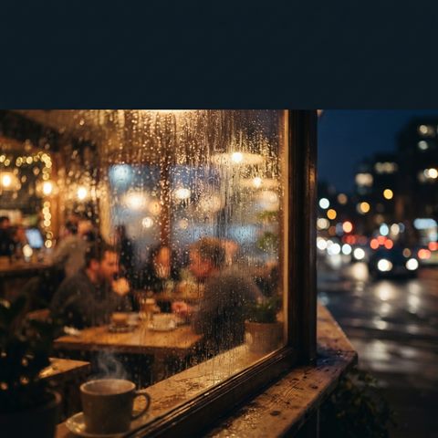 Photorealistic photo of Vertical smartphone wallpaper of a cozy cafe window streaming with raindrops, soft bokeh city lights in the background, wide shot with open space at the top for text, warm golden light, calm mood, 1:1 aspect ratio