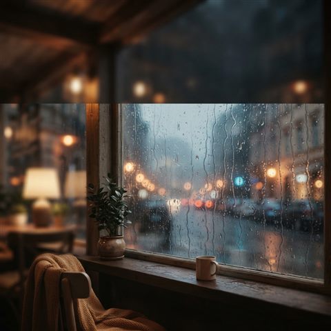 Soft 3D render of Vertical smartphone wallpaper of a cozy cafe window streaming with raindrops, soft bokeh city lights in the background, wide shot with open space at the top for text, misty morning haze, dreamy, 1:1 aspect ratio