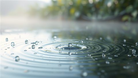 Soft 3D render of Raindrops creating ripples on a calm puddle with blurred green foliage in the background., wide shot with open space at the top for text, misty morning haze, dreamy, 16:9 aspect ratio