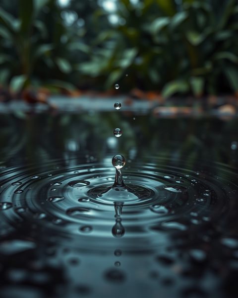 Photorealistic photo of Raindrops creating ripples on a calm puddle with blurred green foliage in the background., close-up detail with shallow depth of field, moody dark tones, dramatic lighting, 4:5 aspect ratio