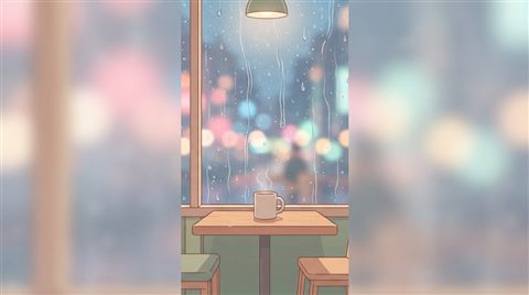 창문에 빗물이 흘러내리는 아늑한 카페 안의 풍경, 부드러운 배경 보케 조명, 세로형 스마트폰 배경화면, 미니멀 플랫 일러스트, 단순하고 깔끔한 구도 가운데 놓인 피사체, 부드러운 파스텔 색감, 밝고 포근한 분위기, 16:9 비율