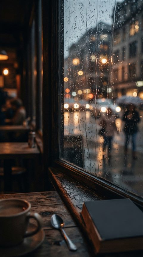 Photorealistic photo of Vertical smartphone wallpaper of a cozy cafe window streaming with raindrops, soft bokeh city lights in the background, close-up detail with shallow depth of field, moody dark tones, dramatic lighting, 9:16 aspect ratio