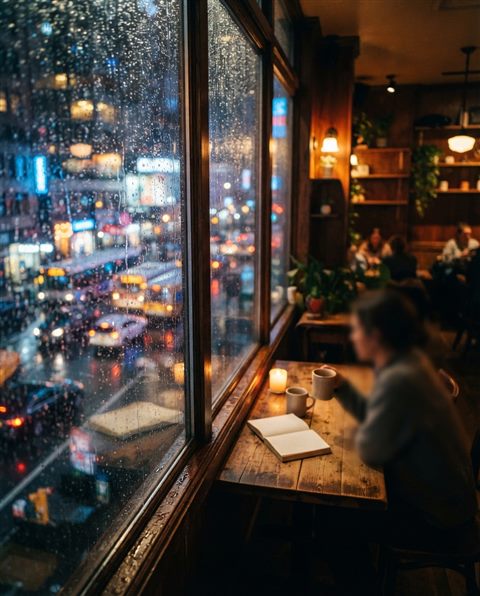 Cinematic film still of Vertical smartphone wallpaper of a cozy cafe window streaming with raindrops, soft bokeh city lights in the background, high-angle view from above, vivid colors, high contrast, energetic, 4:5 aspect ratio