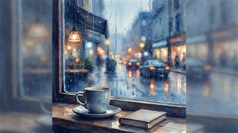 Watercolor illustration of Vertical smartphone wallpaper of a cozy cafe window streaming with raindrops, soft bokeh city lights in the background, close-up detail with shallow depth of field, cool blue tones, quiet atmosphere, 16:9 aspect ratio