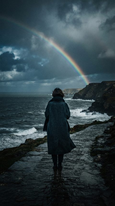 Cinematic film still of rainbow after the rain, centered subject with a simple uncluttered composition, moody dark tones, dramatic lighting, 9:16 aspect ratio