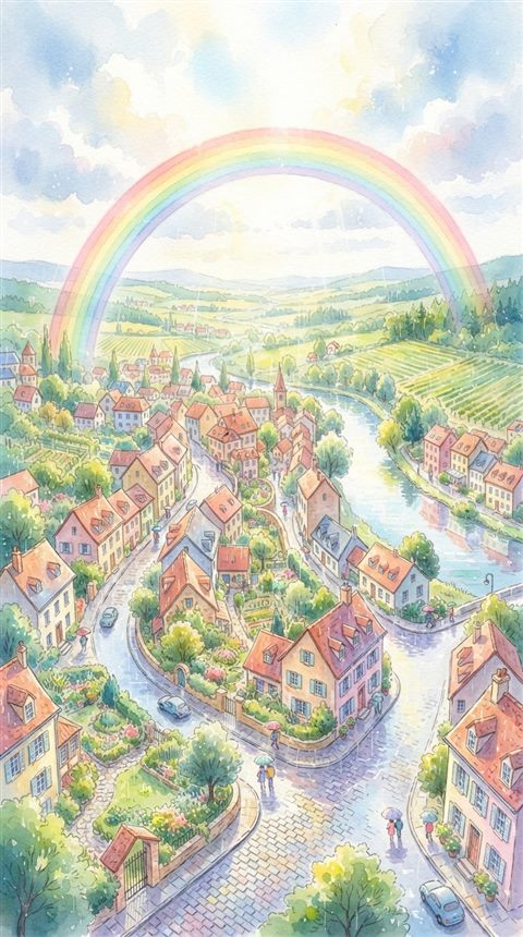 Watercolor illustration of rainbow after the rain, high-angle view from above, soft pastel colors, bright and cozy, 9:16 aspect ratio