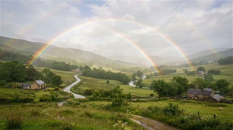 Photorealistic photo of rainbow after the rain, wide shot with open space at the top for text, misty morning haze, dreamy, 16:9 aspect ratio