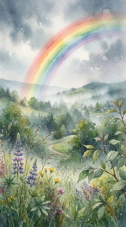 Watercolor illustration of rainbow after the rain, close-up detail with shallow depth of field, misty morning haze, dreamy, 9:16 aspect ratio