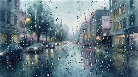 Watercolor illustration of Raindrops falling on a window pane with a blurred urban view in the background, close-up detail with shallow depth of field, cool blue tones, quiet atmosphere, 16:9 aspect ratio
