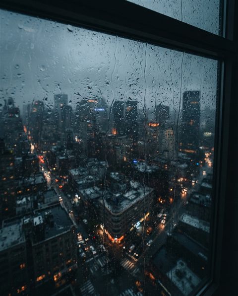 Photorealistic photo of Raindrops falling on a window pane with a blurred urban view in the background, high-angle view from above, moody dark tones, dramatic lighting, 4:5 aspect ratio