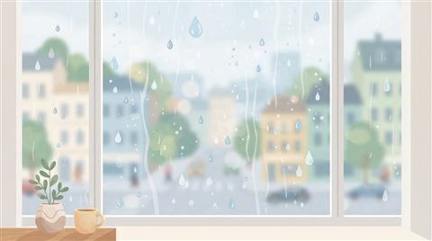 Minimal flat illustration of Raindrops falling on a window pane with a blurred urban view in the background, centered subject with a simple uncluttered composition, soft pastel colors, bright and cozy, 16:9 aspect ratio
