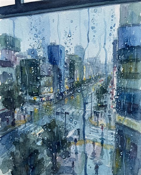 Watercolor illustration of Raindrops falling on a window pane with a blurred urban view in the background, high-angle view from above, cool blue tones, quiet atmosphere, 4:5 aspect ratio
