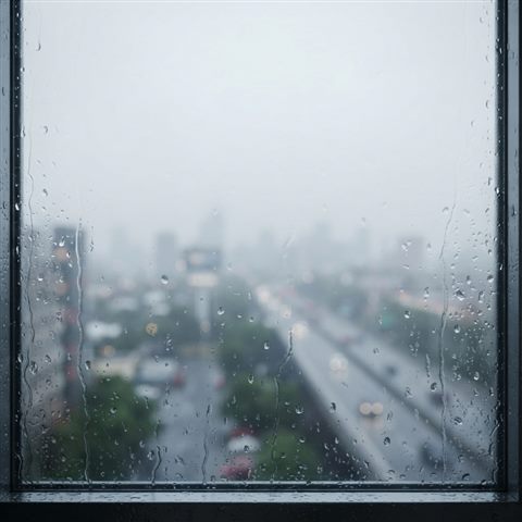 Soft 3D render of Raindrops falling on a window pane with a blurred urban view in the background, wide shot with open space at the top for text, misty morning haze, dreamy, 1:1 aspect ratio