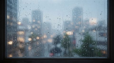 Soft 3D render of Raindrops falling on a window pane with a blurred urban view in the background, centered subject with a simple uncluttered composition, misty morning haze, dreamy, 16:9 aspect ratio