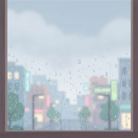 Minimal flat illustration of Raindrops falling on a window pane with a blurred urban view in the background, wide shot with open space at the top for text, soft pastel colors, bright and cozy, 1:1 aspect ratio