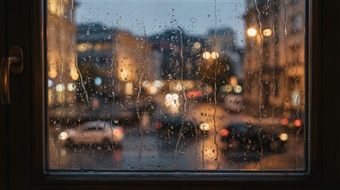 Photorealistic photo of Raindrops falling on a window pane with a blurred urban view in the background, centered subject with a simple uncluttered composition, warm golden light, calm mood, 16:9 aspect ratio