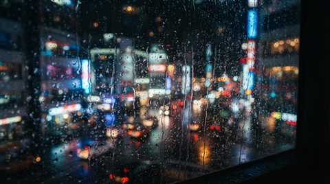 Cinematic film still of Raindrops falling on a window pane with a blurred urban view in the background, close-up detail with shallow depth of field, vivid colors, high contrast, energetic, 16:9 aspect ratio