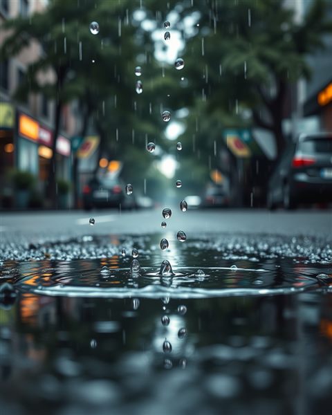Photorealistic photo of Raindrops falling onto a clear puddle on a street with blurred green foliage in the background, close-up detail with shallow depth of field, moody dark tones, dramatic lighting, 4:5 aspect ratio