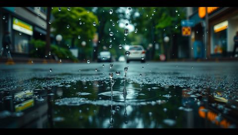 Cinematic film still of Raindrops falling onto a clear puddle on a street with blurred green foliage in the background, high-angle view from above, vivid colors, high contrast, energetic, 16:9 aspect ratio