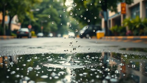 Photorealistic photo of Raindrops falling onto a clear puddle on a street with blurred green foliage in the background, wide shot with open space at the top for text, warm golden light, calm mood, 16:9 aspect ratio