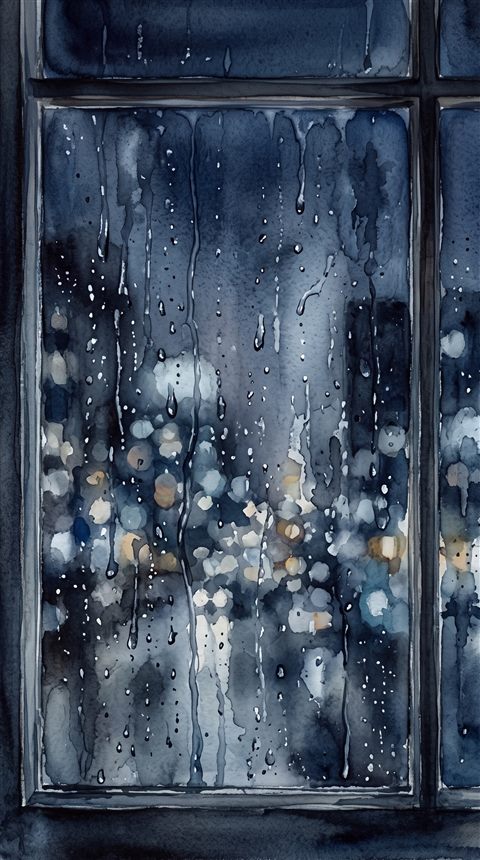 Watercolor illustration of rainy window at night with blurred city lights outside, centered subject with a simple uncluttered composition, cool blue tones, quiet atmosphere, 9:16 aspect ratio
