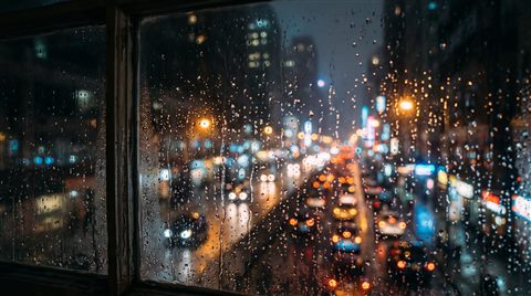 Cinematic film still of rainy window at night with blurred city lights outside, close-up detail with shallow depth of field, misty morning haze, dreamy, 16:9 aspect ratio