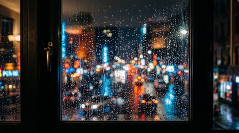 Cinematic film still of rainy window at night with blurred city lights outside, centered subject with a simple uncluttered composition, vivid colors, high contrast, energetic, 16:9 aspect ratio