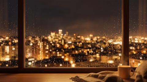 Soft 3d render of rainy window at night with blurred city lights outside, wide shot with open space at the top for text, warm golden light, calm mood, 16:9 aspect ratio