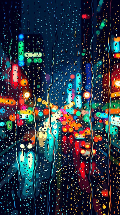 Minimal flat illustration of rainy window at night with blurred city lights outside, close-up detail with shallow depth of field, vivid colors, high contrast, energetic, 9:16 aspect ratio