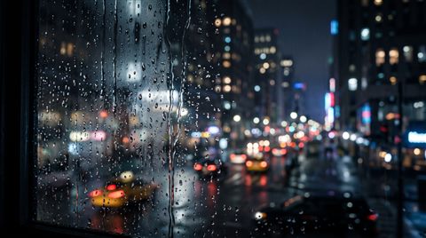 Soft 3d render of rainy window at night with blurred city lights outside, close-up detail with shallow depth of field, moody dark tones, dramatic lighting, 16:9 aspect ratio