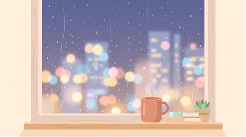 Minimal flat illustration of rainy window at night with blurred city lights outside, centered subject with a simple uncluttered composition, soft pastel colors, bright and cozy, 16:9 aspect ratio