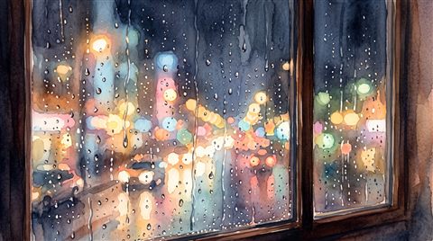 Watercolor illustration of rainy window at night with blurred city lights outside, close-up detail with shallow depth of field, soft pastel colors, bright and cozy, 16:9 aspect ratio