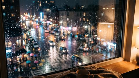 Cinematic film still of rainy window at night with blurred city lights outside, high-angle view from above, soft pastel colors, bright and cozy, 16:9 aspect ratio