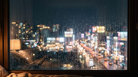 Photorealistic photo of rainy window at night with blurred city lights outside, wide shot with open space at the top for text, soft pastel colors, bright and cozy, 16:9 aspect ratio