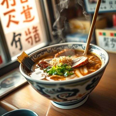 Photorealistic photo of A steaming bowl of delicious Japanese ramen with rich broth, sliced pork, and green onions, close-up detail with shallow depth of field, warm golden light, calm mood, 1:1 aspect ratio