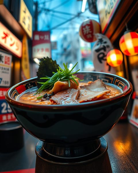 Cinematic film still of A steaming bowl of delicious Japanese ramen with rich broth, sliced pork, and green onions, wide shot with open space at the top for text, vivid colors, high contrast, energetic, 4:5 aspect ratio