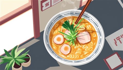 Minimal flat illustration of A steaming bowl of delicious Japanese ramen with rich broth, sliced pork, and green onions, high-angle view from above, soft pastel colors, bright and cozy, 16:9 aspect ratio