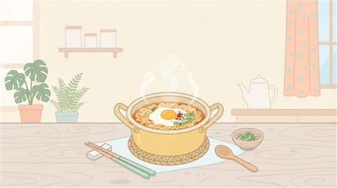 달걀과 파를 올린 김이 나는 라면 냄비, 미니멀 플랫 일러스트, 위쪽에 글자 넣을 여백이 있는 넓은 구도, 부드러운 파스텔 색감, 밝고 포근한 분위기, 16:9 비율