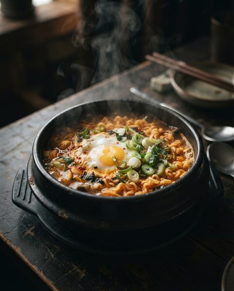 달걀과 파를 올린 김이 나는 라면 냄비, 사실적인 사진, 가까이 담은 디테일, 얕은 심도, 어두운 톤, 극적인 조명, 4:5 비율