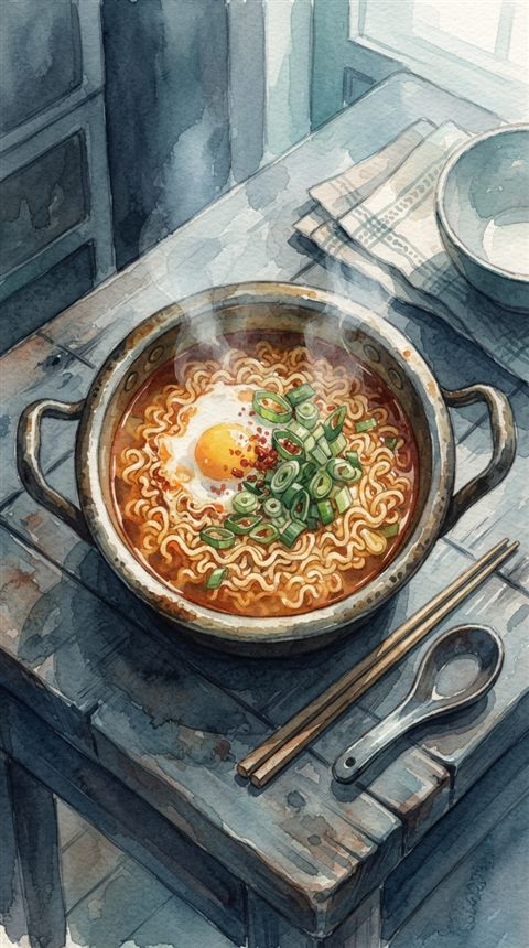 달걀과 파를 올린 김이 나는 라면 냄비, 수채화 일러스트, 위에서 내려다본 구도, 차가운 푸른 톤, 고요한 분위기, 9:16 비율