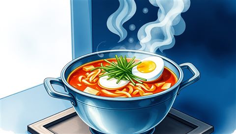 전통 양은 냄비에 파와 삶은 달걀이 곁들여진 모락모락 김이 나는 매콤한 라면, 수채화 일러스트, 위쪽에 글자 넣을 여백이 있는 넓은 구도, 차가운 푸른 톤, 고요한 분위기, 16:9 비율